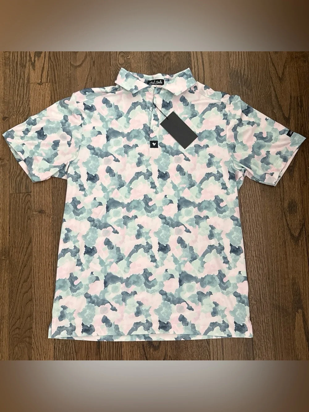 Bad Birdie Mirage Oasis Performance Stretch  Golf Polo Camo Pastel Preppy M NWT